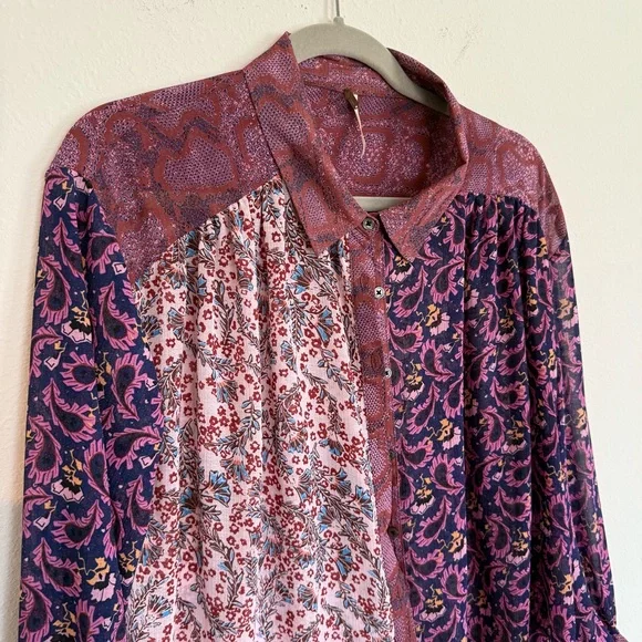 Free People Dani Blouse Size Small Purple Brown Floral Button Up Loose Sheer - Picture 2 of 7